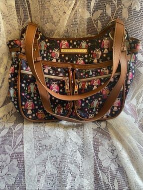 Lily Bloom Navy Owl Print Shoulder Bag with Brown Trim